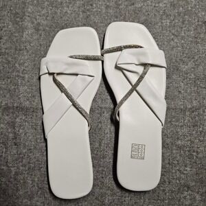 White Rhinestone Criss‎ Cross Strap Square Toe Sandals Slides Size 7